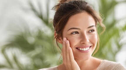 Young Woman Smiling Touching Face Natural Light Indoor
