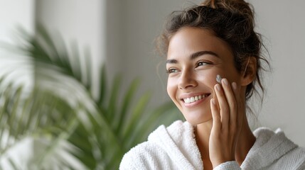 Young Woman Smiling Skin Care Routine in Bright Modern Bathroom