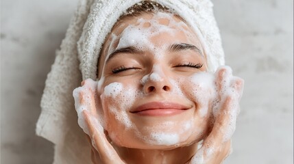 Young Woman Smiling with Cleansing Foam and Towel Wrapped Head in Spa Setting