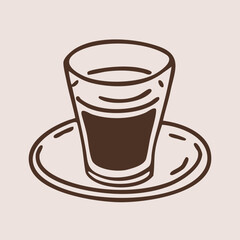 Espresso shot glass on saucer in outline style. Hand drawn vector isolated illustration. 