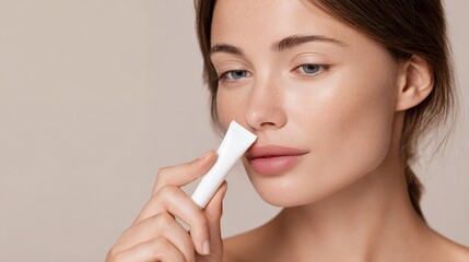 Young Woman Testing Skin with White Skincare Device in Neutral Setting