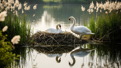 Two white swans nesting on a twig nest in a calm lake surrounded by reeds bird birds
