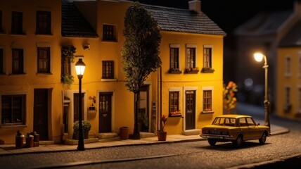 Miniature Yellow Townhouse Scene with Classic Car and Warm Streetlight Glow at Night