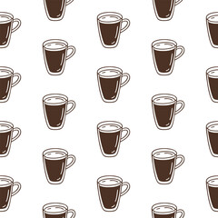 Seamless pattern with hand-drawn black coffee mugs on white background. Vector americano outline style print.
