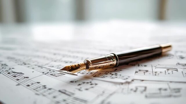Elegant fountain pen resting on scattered sheets of classical music notation, symbolizing creativity and artistic inspiration. Perfect for themes of composition, education, and musical passion