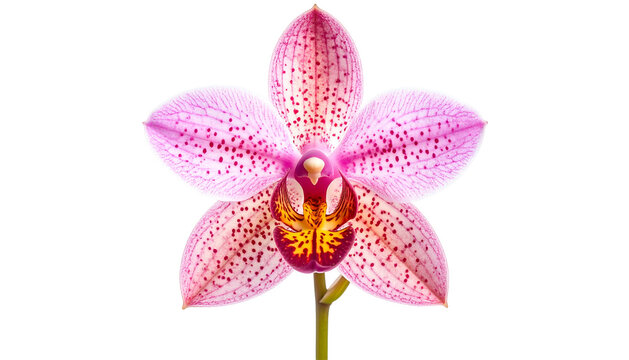 Close-up of a vibrant orchid flower with speckled petals, isolated on a black background