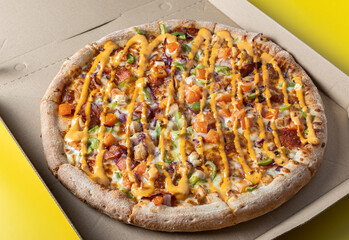 Fresh Gourmet Pizza in Open Box with Vibrant Toppings