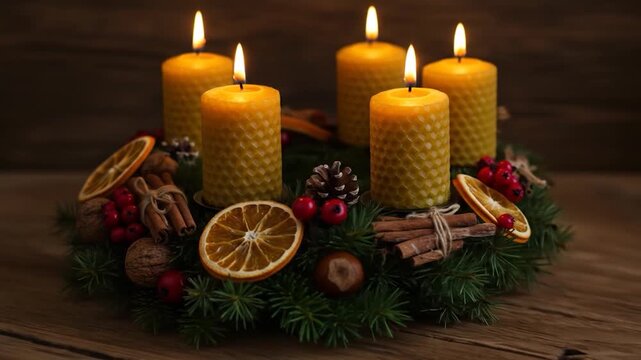 Four lit beeswax candles on a natural Advent wreath with pine, berries, and citrus