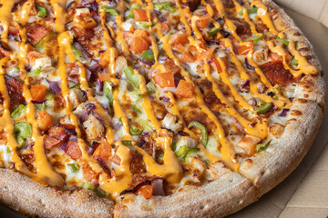 Close-Up of Freshly Baked Pizza with Colorful Toppings