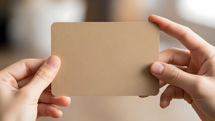 Hands hold blank brown textured card, presenting opportunity or promotion