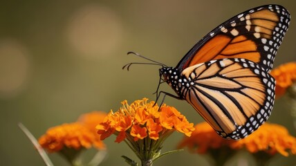 Obraz premium Monarch Butterfly on Orange Flower, Close-up Detail