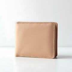 Beige Leather Wallet on White Surface in Minimalist Style