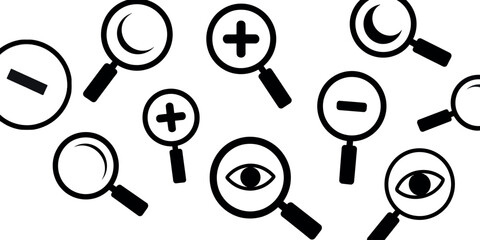 A collection of magnifying glass icons with various symbols inside the lens