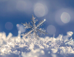 Crystal clear snowflake with intricate symmetrical patterns resting on soft snow under bright natural light creating sparkling winter atmosphere with cool blue background