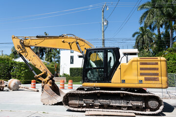 Heavy construction machines. Excavator. Heavy equipment of excavator with hydraulic system....
