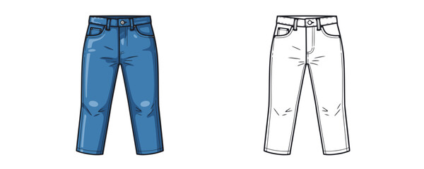 Pair of blue denim straight-cut jeans in a cartoon style, shown next to an identical black and white outline drawing © Dzianis