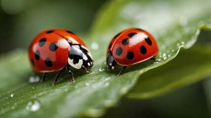 Obraz premium Two Ladybugs on Dew-Kissed Leaf Closeup