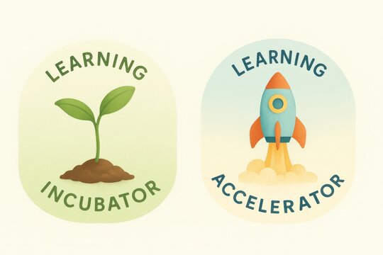 Learning incubator symbolizing growth alongside learning accelerator representing innovation in education with colorful graphics invoking creativity and dynamic progress - Powered by Adobe