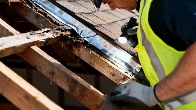 Closeup of a roofing expert inspecting gable roof structure for cracks and potential weak points affecting stability.