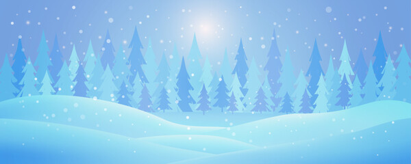 Winter forest landscape with falling snow, blue pine trees and snowy hills under soft sunrise light. Blue, frozen background or wallpaper. Editable vector illustration.