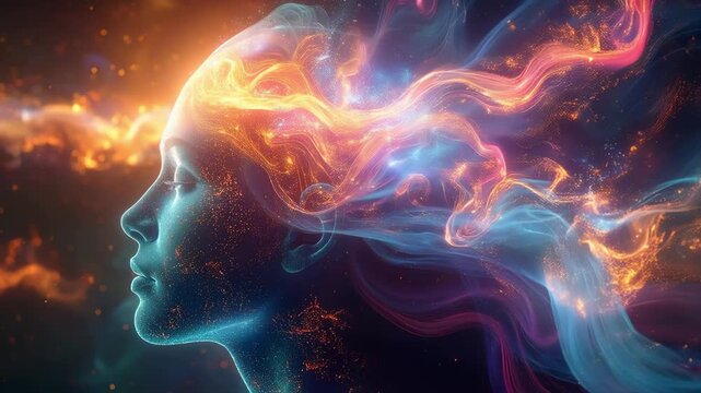 Animation of an abstract representation of a mind-machine interface, where human consciousness flows into a glowing network of nodes and optical fibers. Smooth, bright colors, fluid motion.