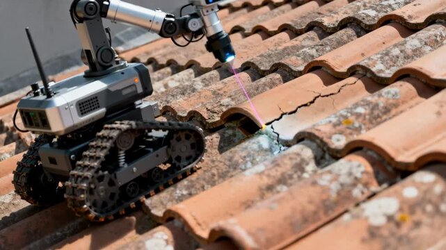 Medium shot of a tracked robotic unit carefully climbing sloped roof tiles to conduct detailed maintenance and damage assessment.