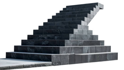 Angled, modern stone steps ascend against a void backdrop, showing perspective