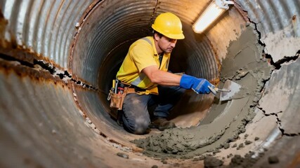 Worker applying cementitious mix inside a damaged pipe for a fast and durable structural repair solution