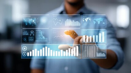 Businessman interacts with futuristic digital interface, analyzing data visualizations, virtual graphs. Modern technology highlights innovation, digital transformation in business environments - Powered by Adobe