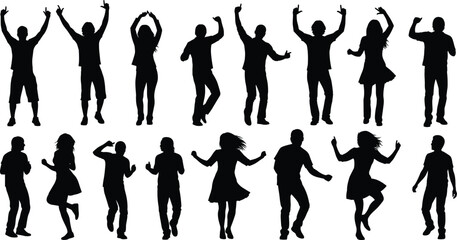 Large Group of Dancing People Silhouettes: Men and Women Celebrating with Arms Raised, Jumping, and Partying Representing Joy, Freedom, and Nightlife,