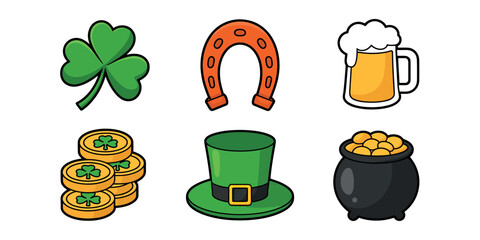 St patrick's day themed icons featuring a shamrock horseshoe beer coins hat pot