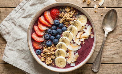 Healthy Acai Smoothie Bowl with Fresh Fruit and Granola Flat Lay on Rustic Wood
