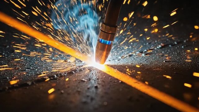Close-up of a welding or plasma cutting torch on a metal sheet. The process creates bright sparks, glowing molten metal, and blue smoke in a seamless loop. Industrial manufacturing concept.