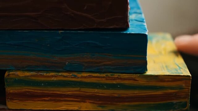 Stacked painted blocks with textured layers in a studio setting