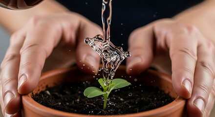 Nurturing growth: Hands tenderly watering a seedling in a terracotta pot promoting life and sustainability