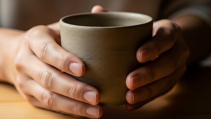 Person's Hands Warmly Holding a Ceramic Cup Against a Soft Background