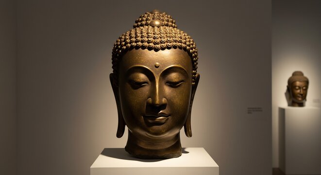 Closeup of a serene bronze Buddha head sculpture displayed on a white pedestal in a dimly lit gallery