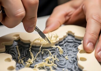 Sculptor meticulously carving delicate details into a miniature model