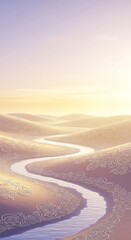 Serene desert landscape with river and intricate floral pattern designs