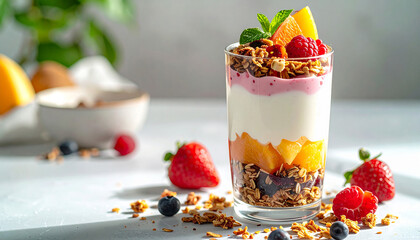 Stylized layered Parfait Smoothie tall glass low angle