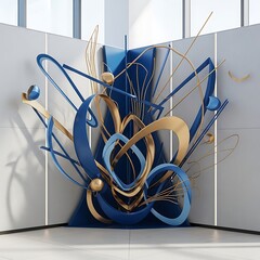 Sophisticated interior art installation with golden accents and blue hues