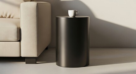 Sofa, table and mug in a simple and clean room design concept render