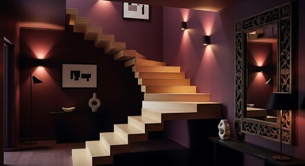 Sophisticated Interior View Showcasing Floating Stairs and Ambient Lighting