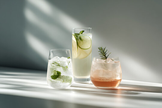 non-alcoholic cocktails, a mocktail bar featuring alcohol-free drinks in elegant glasses, with botanicals, soft lighting, and high-quality photos