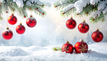 Red Christmas ornament snowy pine branch holiday decoration winter background festive bauble Christmas ball pine tree snow covered seasonal celebration holiday spirit red bauble frosty snow winter