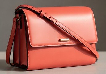 Vibrant coral leather handbag with a structured design and gold accent