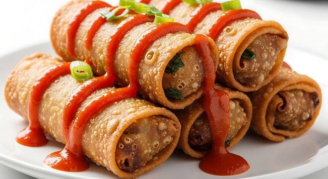 Delicious Golden Fried Spring Rolls Drizzled with Zesty Chili Sauce and Green Onions