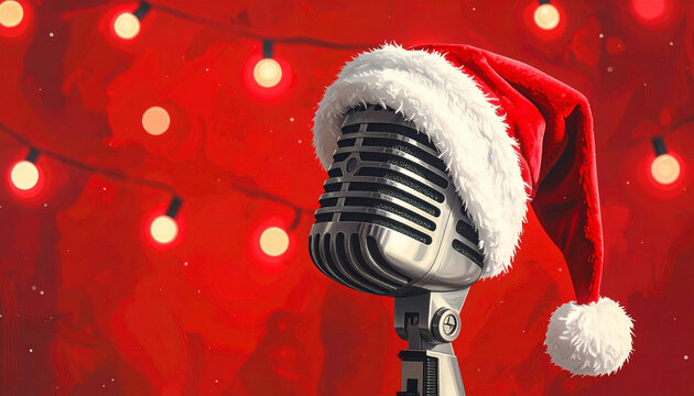 Vintage microphone with red and white Santa hat on top, glowing round string lights in background, festive holiday atmosphere with warm red tones and cheerful mood