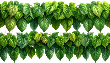 Lush, overlapping green leaves of a climbing plant, forming a dense border or decorative element