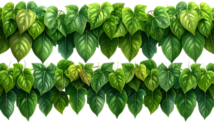 Lush, overlapping green leaves of a climbing plant, forming a dense border or decorative element